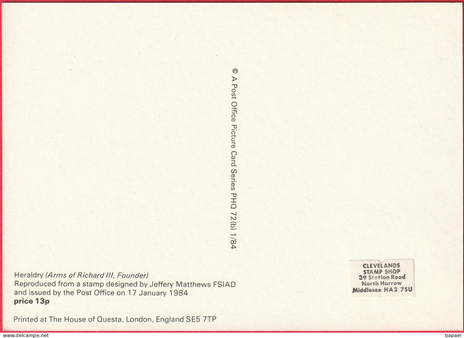 Carte Maximum (FDC) - Royaume-Uni (Écosse-Édimbourg) (17-1-1984) - Armes De Richard III. Fondateur (Recto-Verso) - Cartas Máxima