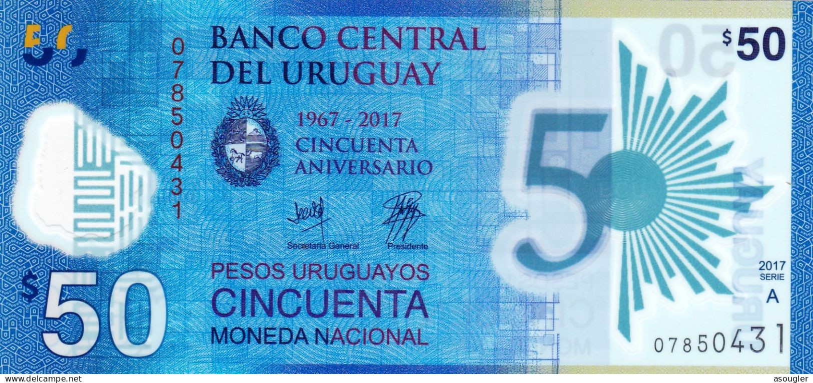 Uruguay 50 Pesos Uruguayos 2017 POLYMER UNC P-100 "free Shipping Via Regular Air Mail (buyer Risk)" - Uruguay