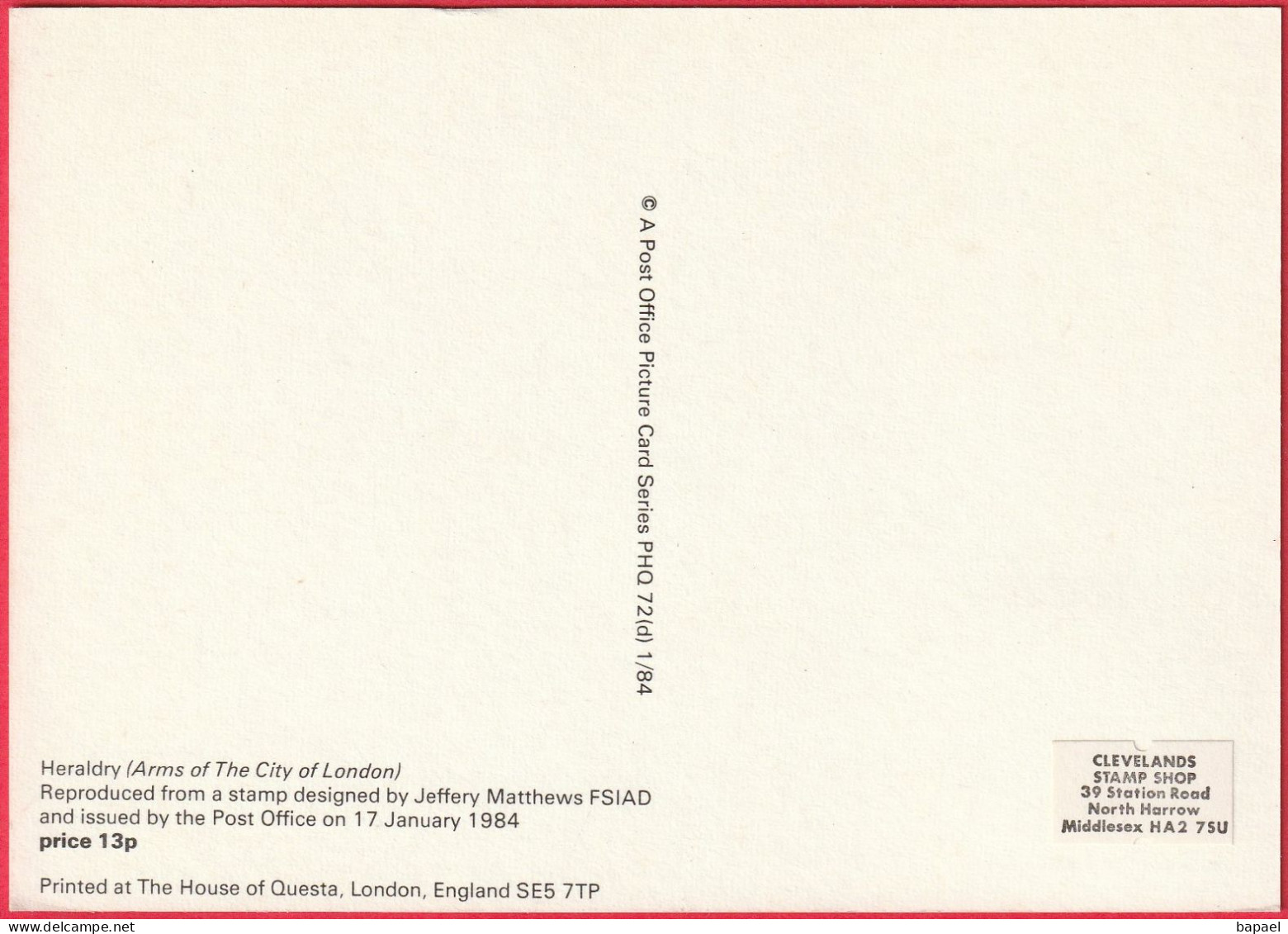Carte Maximum (FDC) - Royaume-Uni (Écosse-Édimbourg) (17-1-1984) - Armoiries Ville De Londres (Recto-Verso) - Cartes-Maximum (CM)