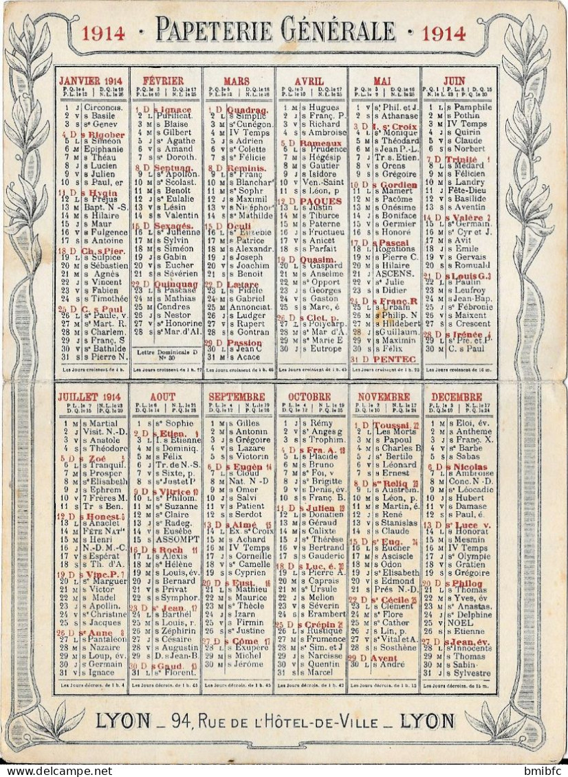 Calendrier De 1914 De La PAPETERIE GÉNÉRALE René Chapard - 94, Rue De L'Hôtel De Ville LYON Avec Plan De LYON - Formato Piccolo : 1901-20