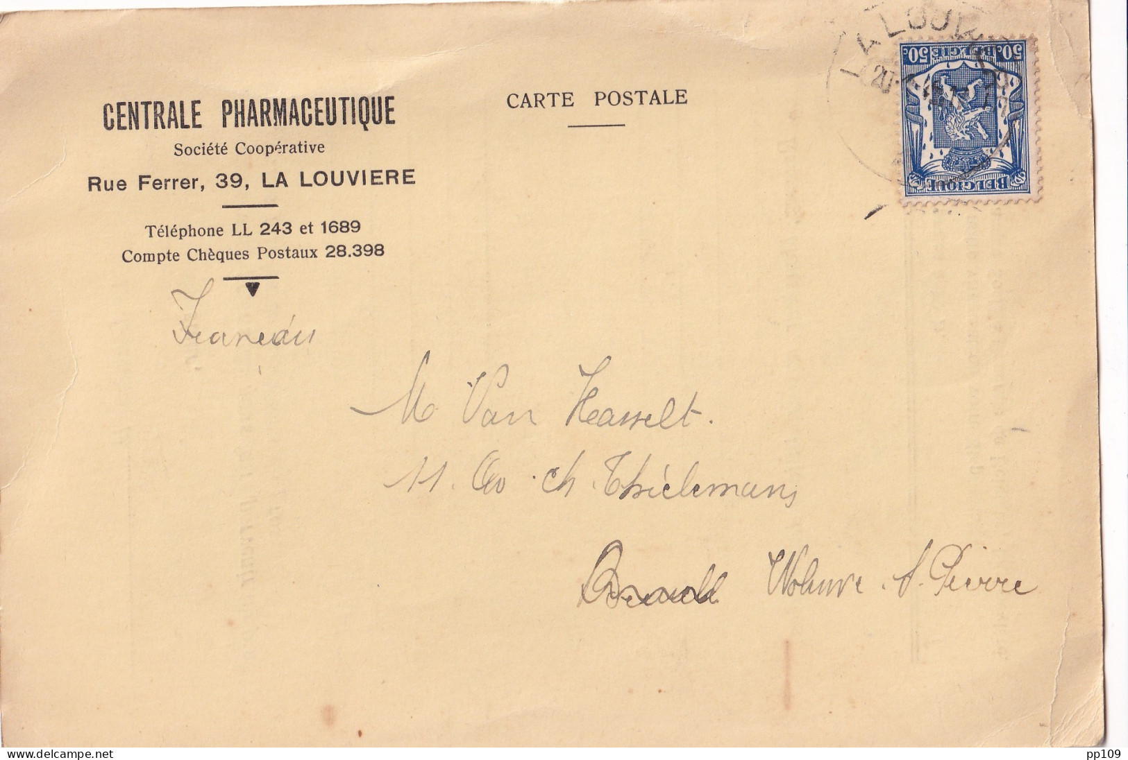 CP LA LOUVIERE Centrale Pharmaceutique Rue Ferrer, 39 Obl 19 I 1945  - La Louvière