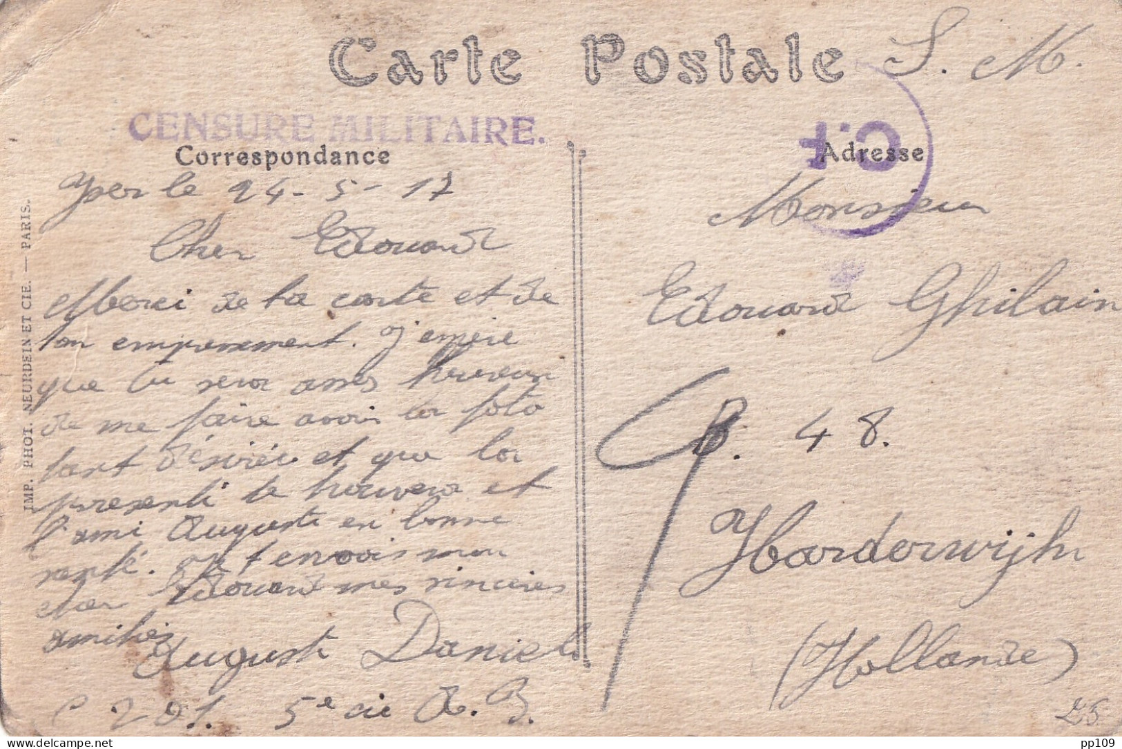CP YSER 24 V 1917 Vers Un  Interné Aux Pays Bas HARDERWIJK  Griffe CENSURE MILITAIRE + C.F. Folkestone - Niet-bezet Gebied