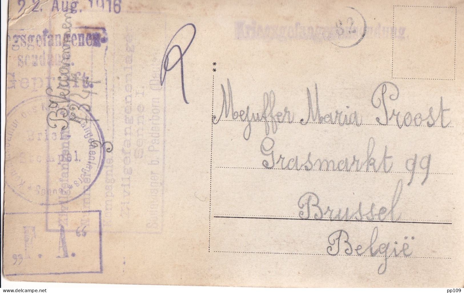 CP Photo Kriegsgefangenensendung  ZIVILgefangenenlager SENNE 1. Paderborn  Vers Bruxelles 22 VIII 1916 - Kriegsgefangenschaft