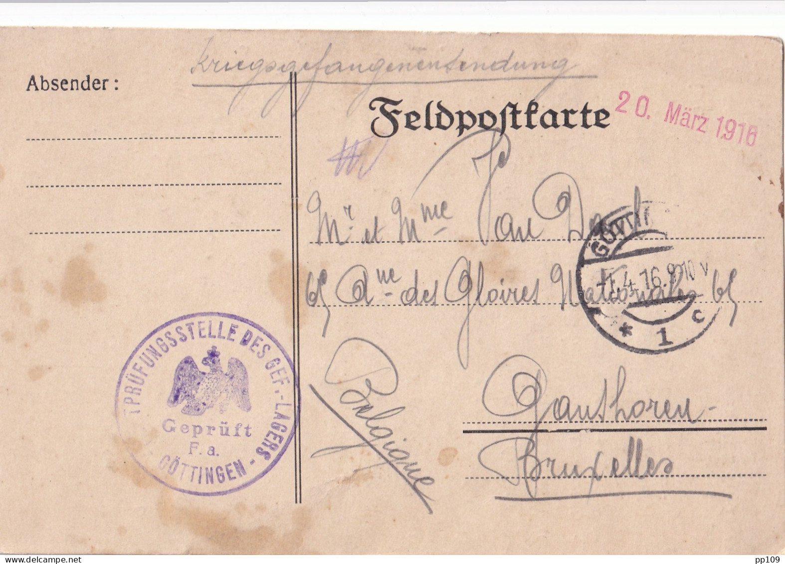 KRIEGSGEFANGENENSENDUNG  Envoi D'un Prisonnier à GÖTTINGEN 1 IV 1916 Vers Ganshoren  - Kriegsgefangenschaft