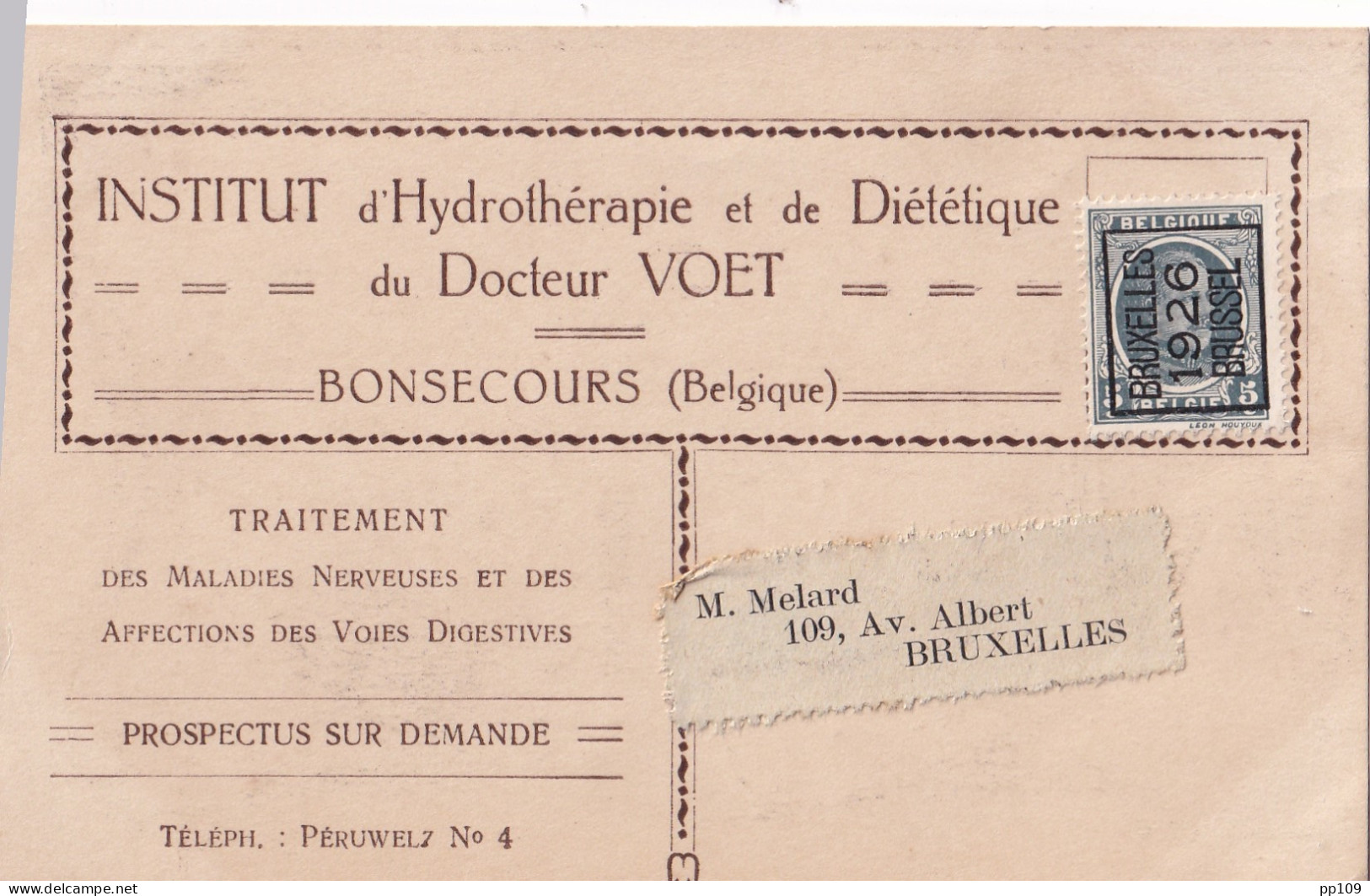 PREO 1926 Sur CP Pub Institut Hydrothérapie Et Diététique Docteur VOET ) BONSECOURS PERUWELZ  - Typo Precancels 1922-31 (Houyoux)
