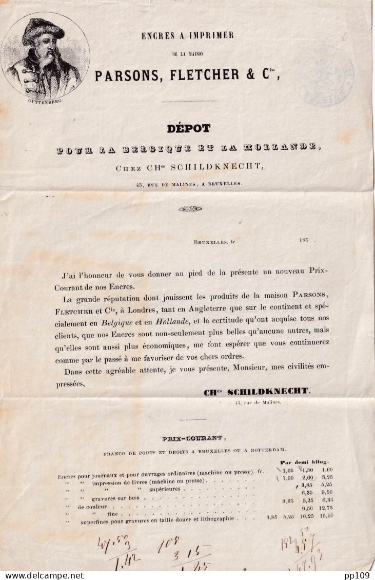 Pub Illustrée GUTTENBERG Encre Parsons Fletcher  SCHILDNECHT 45 Rue De Malines  1850  + Fiscal TIMBRE D'AVIS Brabant ! - Documents