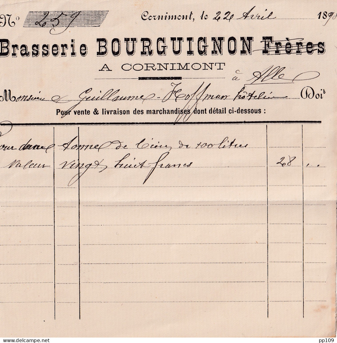 Ancienne Facture BRASSERIE Bouguignon à Cornimont  ALLE 22 Avril 1898 2 Tonneaux De Bière  - 1800 – 1899