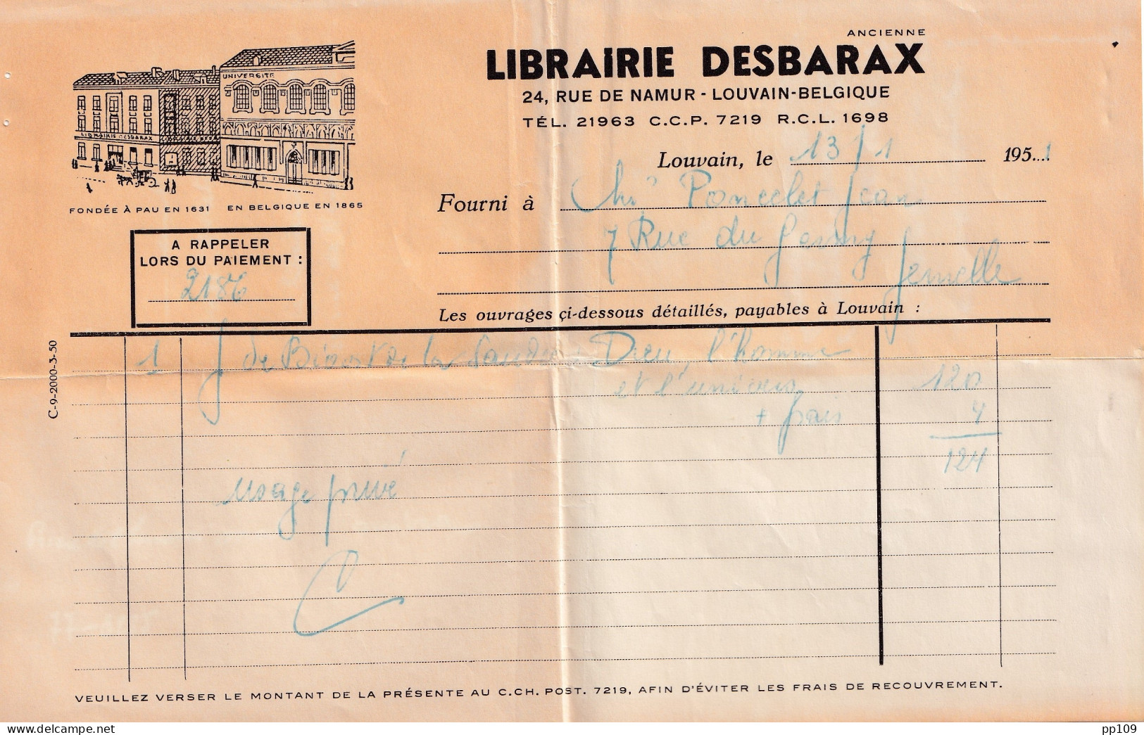 Ancienne Facture Illustrée LIBRAIRIE Desbarax 24, Rue De Namur à LOUVAIN 13 Janvier 1951 - Imprenta & Papelería