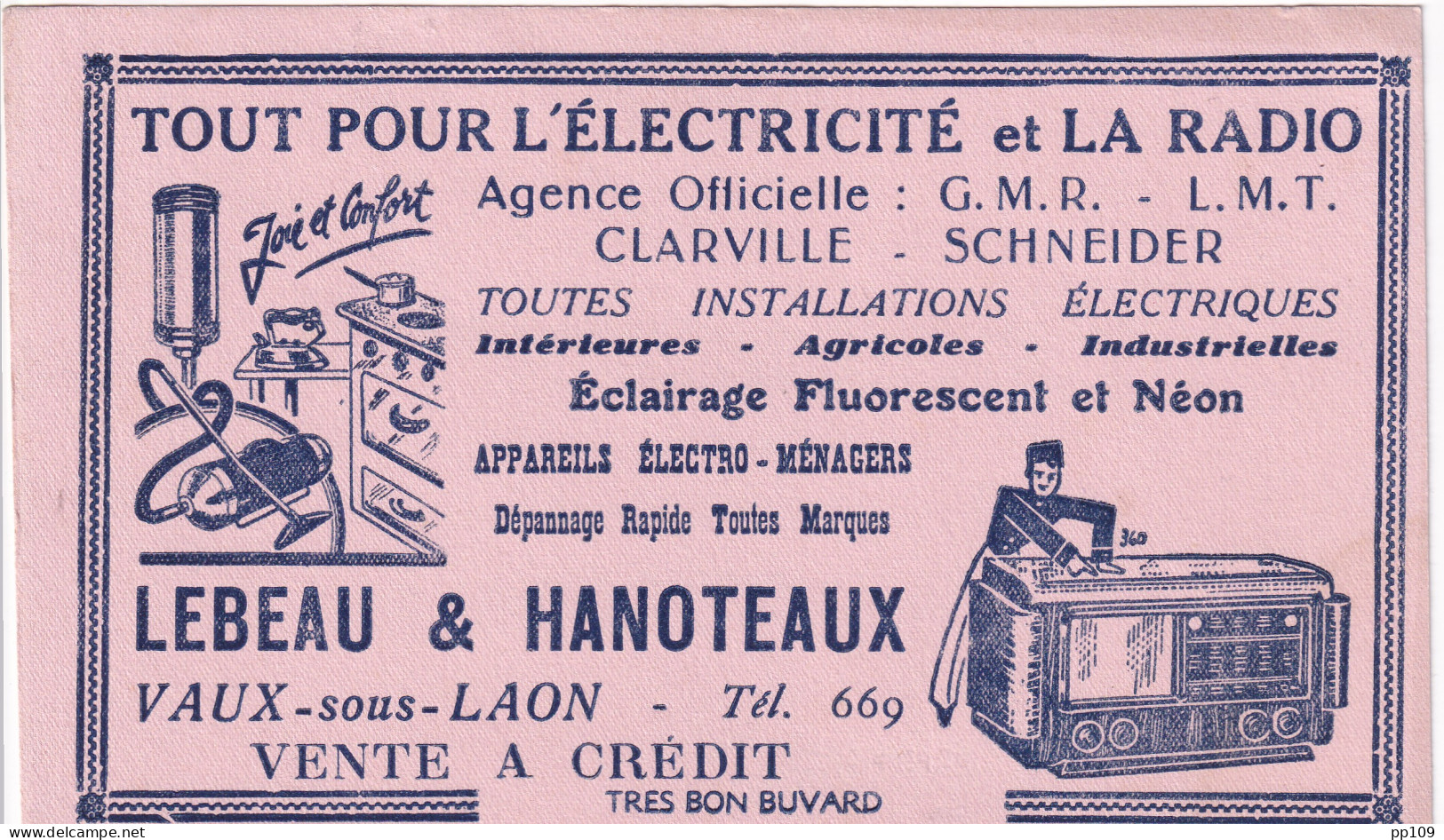 Buvard Illustré RADIO ELECTRICITE Clarville Schneider Lebeau & Hanoteaux  Vaux-sous- Laon - R