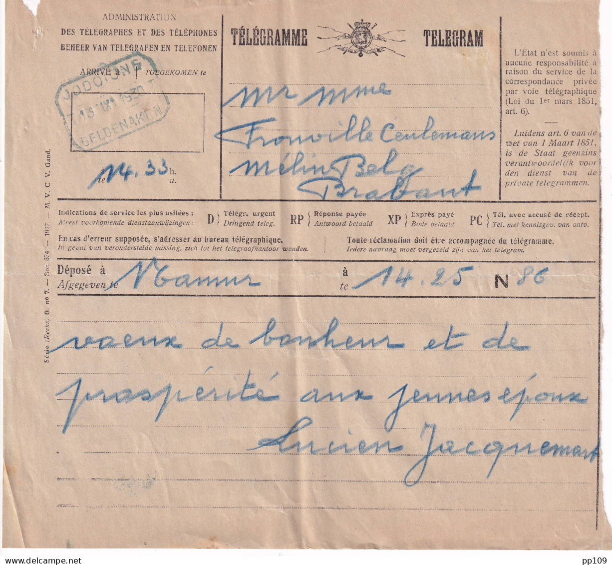 Télégramme Telegram  Déposé à NAMUR Obl Bleue JODOIGNE GELDENAKEN 13 IX 1930  - Telegrammen