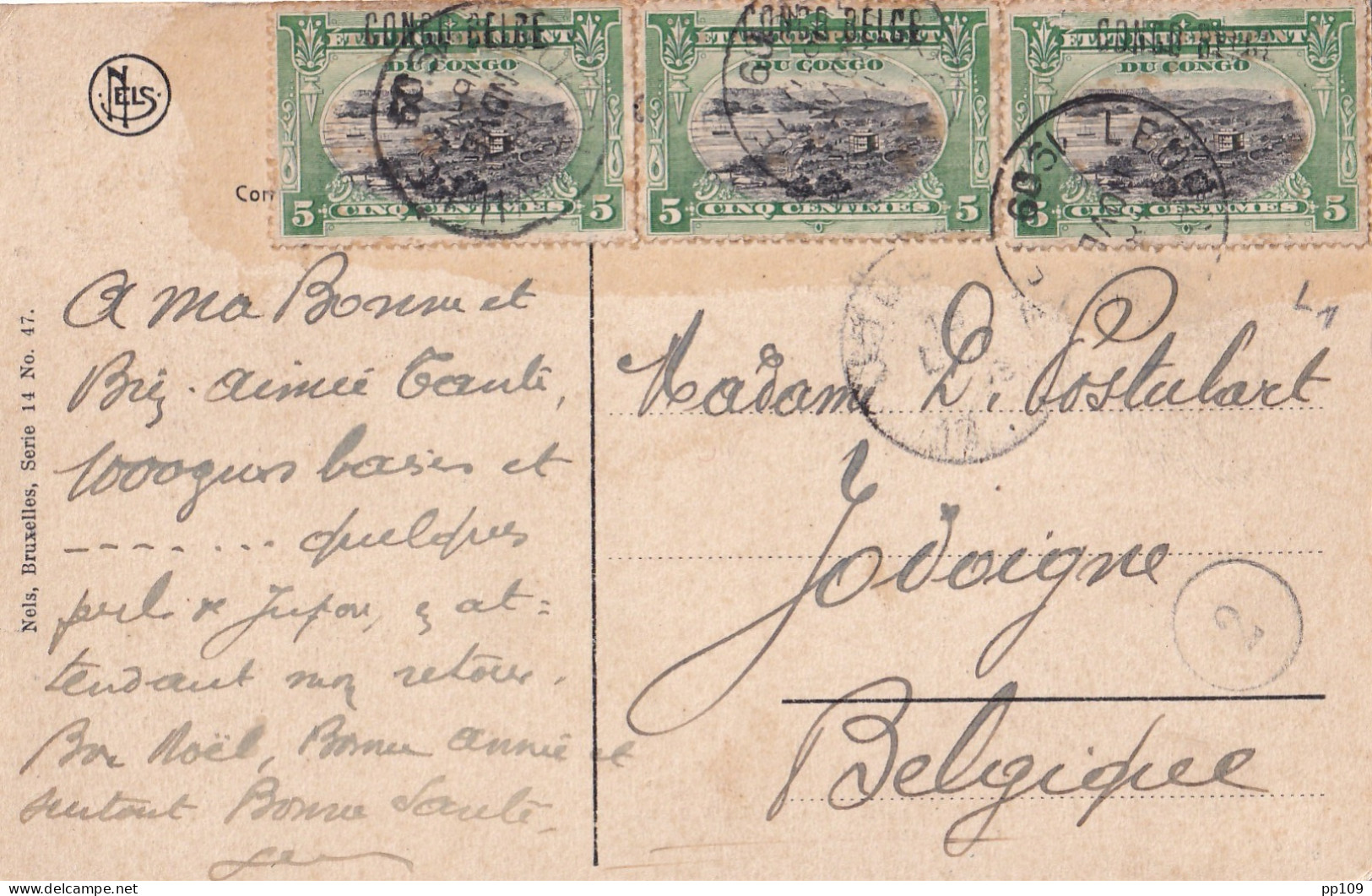 CONGO BELGE  CP Bureau Des Postes à Boma  3TP Mols Surcharge Obl LEOPOLDVILLE 18 Novembre 1909 Vers Jodoigne - Covers & Documents