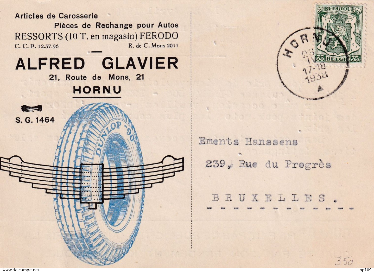 CP Publicitaire Pneu  DUNLOP Pièces De Rechange Pour Auto A.GLAVIER 21, Route De Mons HORNU 23 IV 1938 - Boussu