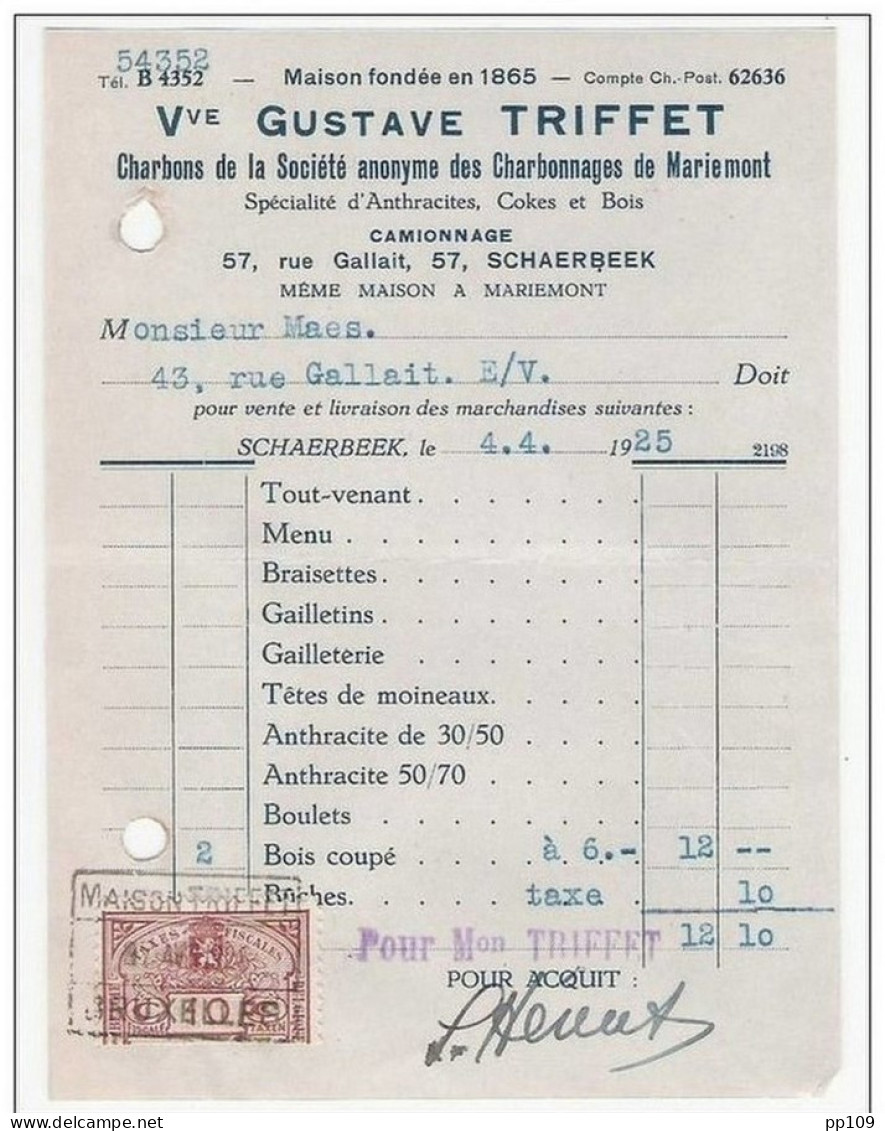 Ancienne Facture Oude Factuur SCHAERBEEK 57 Rue Gallait Vve Gustave TRIFFET  Charbon Charbonnage Mariemont - 1950 - ...