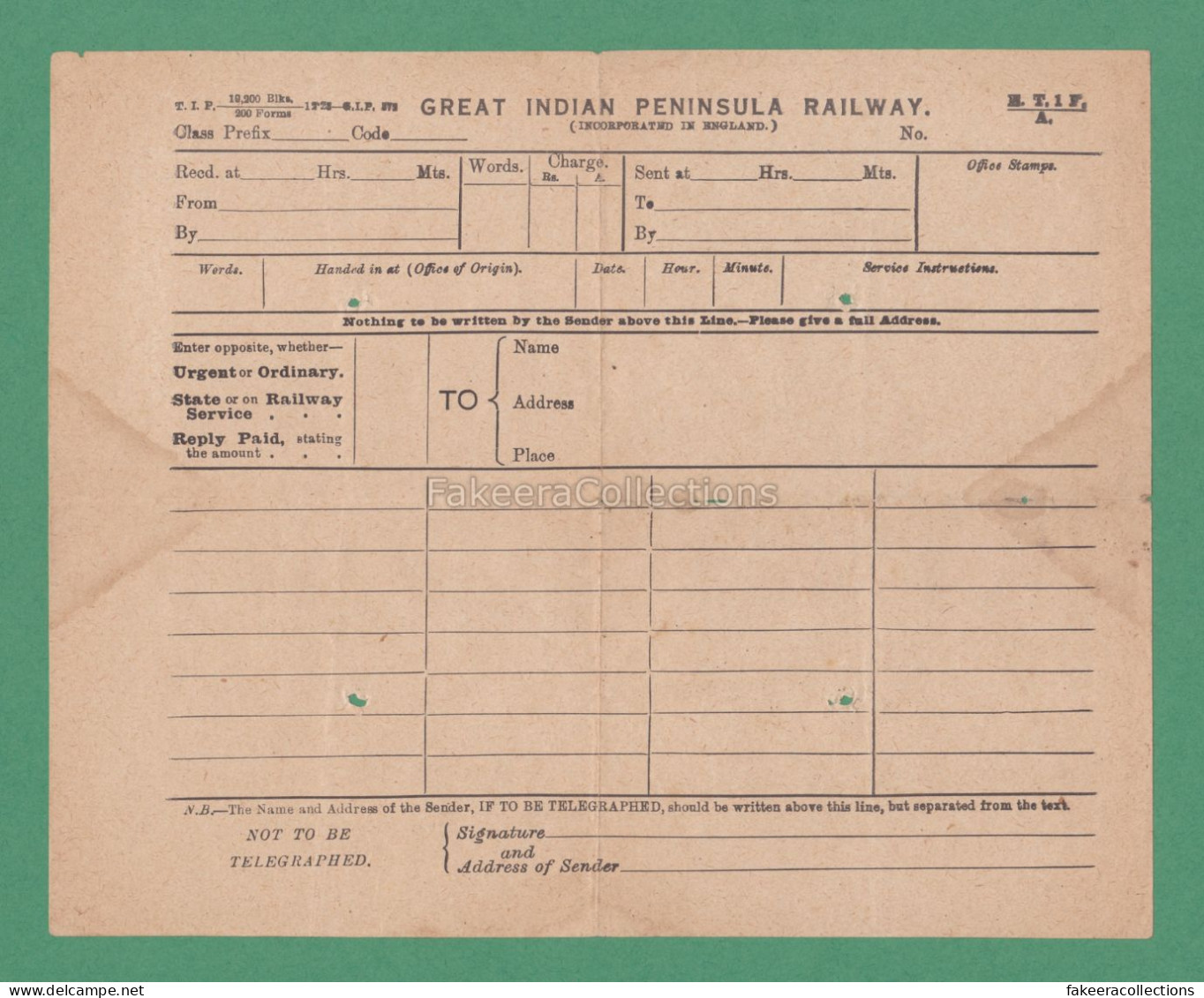 INDIA 1924 - GREAT INDIAN PENINSULA RAILWAY (Incorporated In England) - Telegraph Form With Message At Back - As Scan - Monde