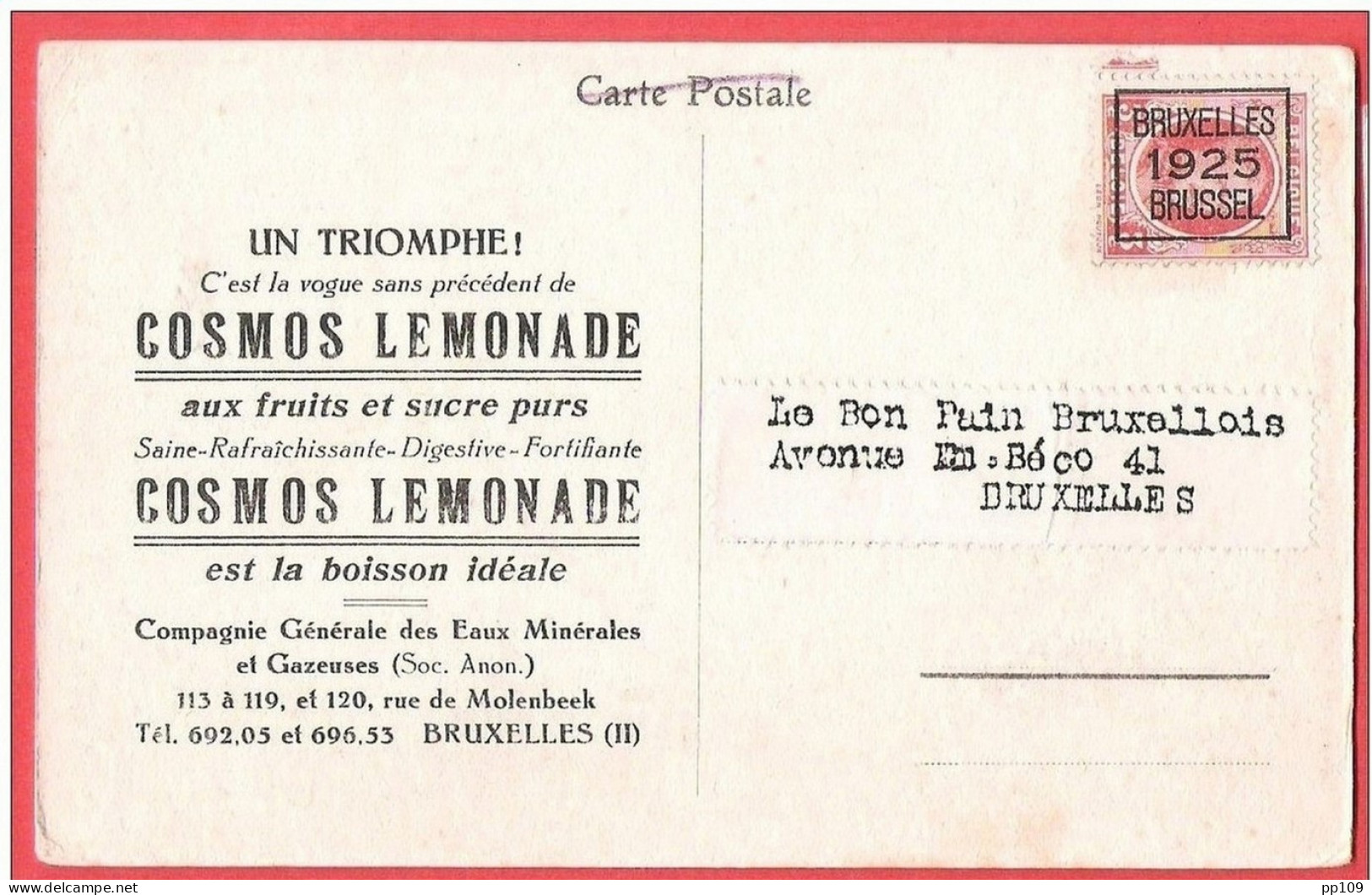 Préo  Albert Bruxelles 1925 Sur CP Publicitaire COSMOS LEMONADE Rue De Molenbeek à LAEKEN  Bruxelles II - Typos 1922-26 (Albert I)