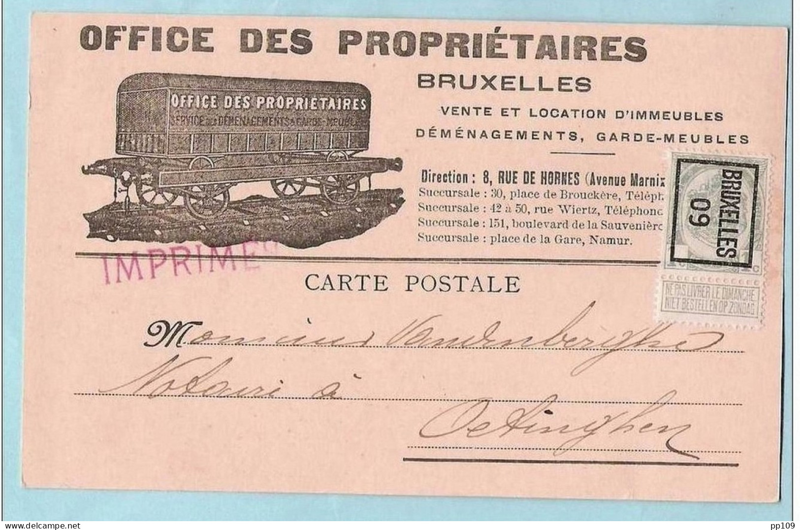 Préo 9  Carte Postale Tarif Imprimé Pub Transport Chemin De Fer Camion Déménagement  8, Rue De Hornes (Marnix) - Typos 1906-12 (Wappen)