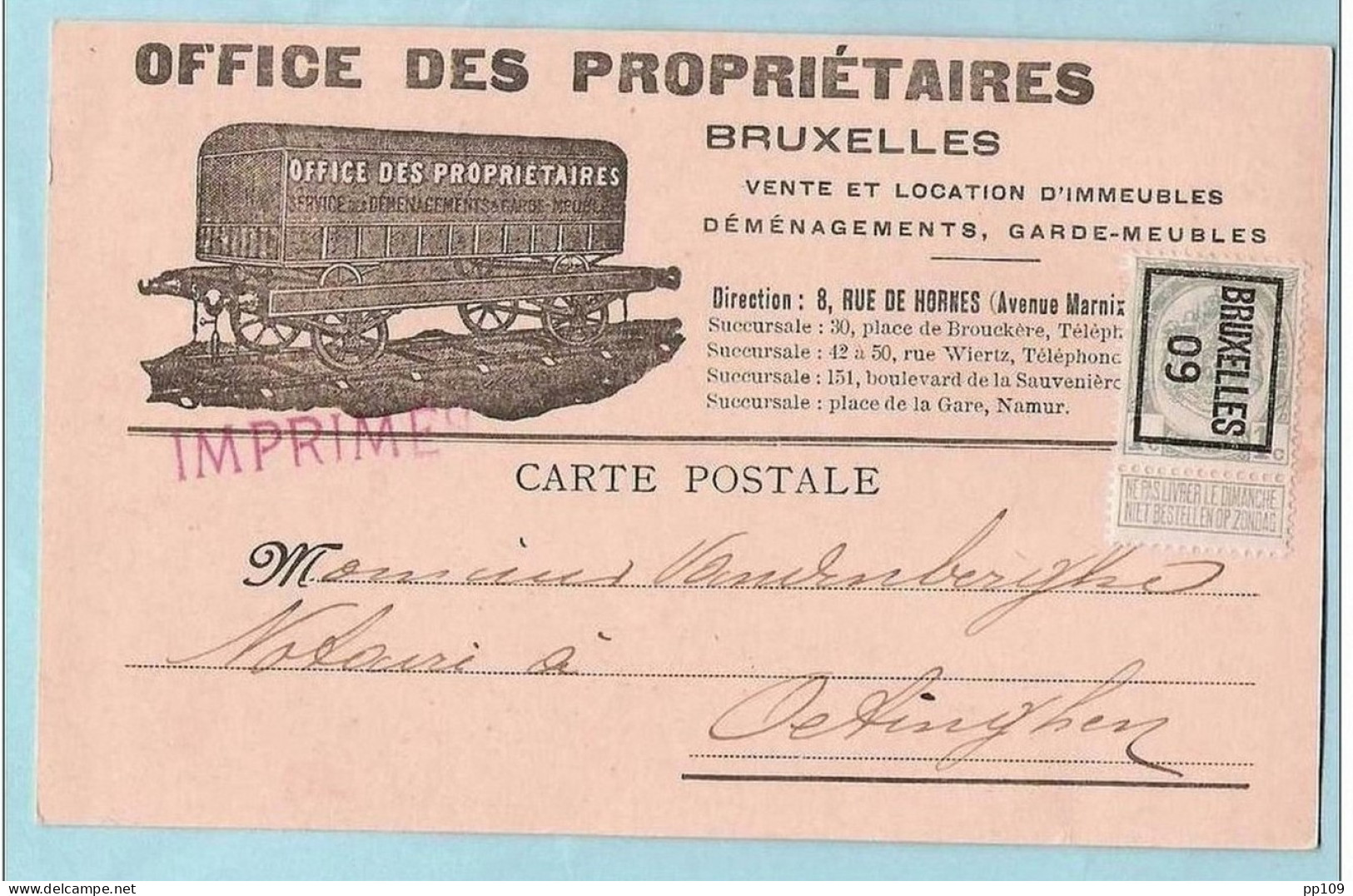 Préo 9  Carte Postale Tarif Imprimé Pub Transport Chemin De Fer Camion Déménagement  8, Rue De Hornes (Marnix) - Typografisch 1906-12 (Wapenschild)