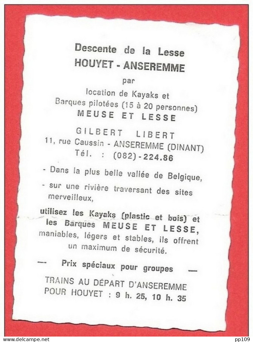 Petite CP (publicité) 7,5 Cm X 10.5 Cm Kayak Descente De La Lesse ANSEREMME Houyet - Houyet
