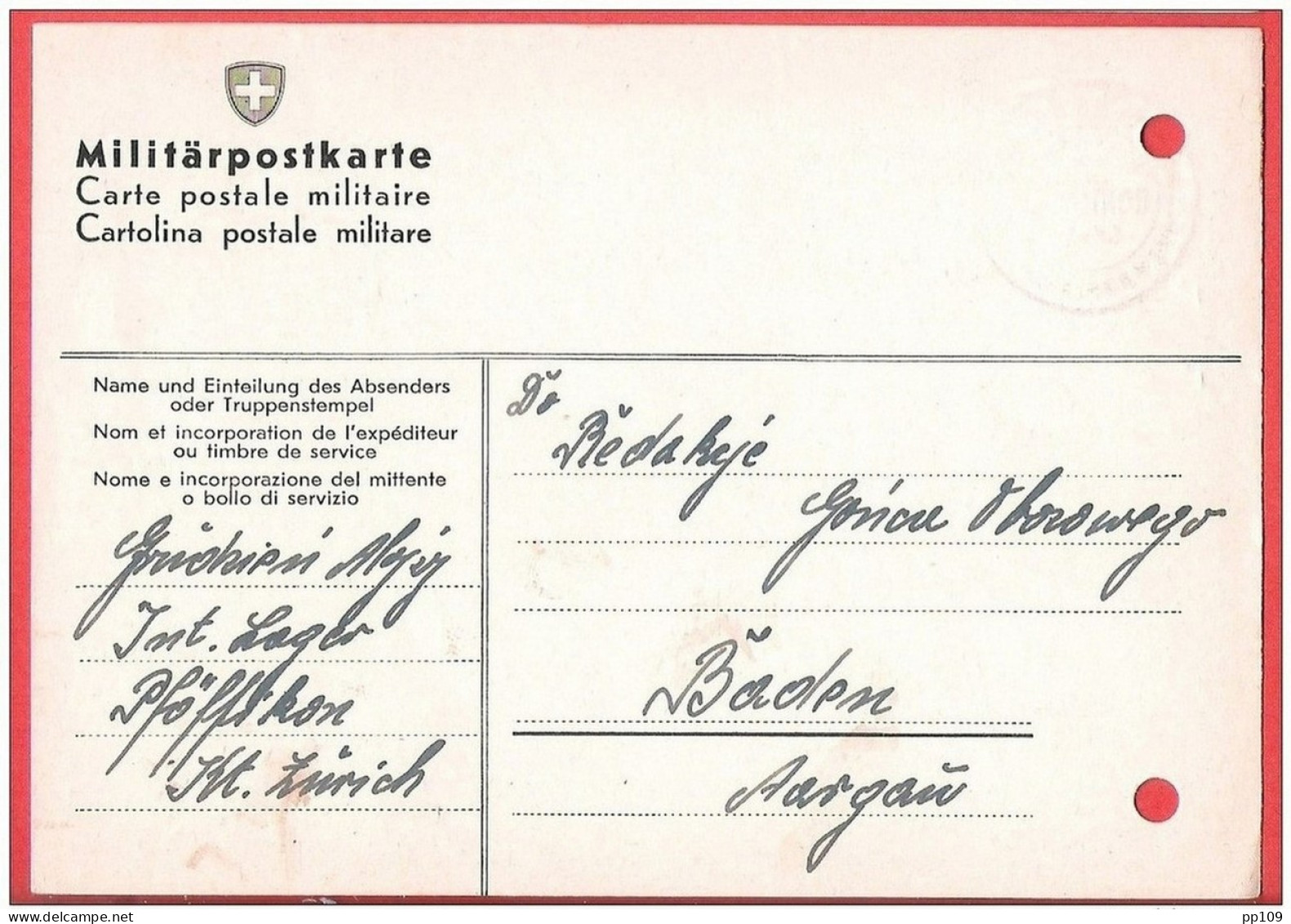 Militär Postkarte Interné Polonais SUISSE PFÖFFIKON  Internement  Camp 11 I 1944 - Gefängnislager