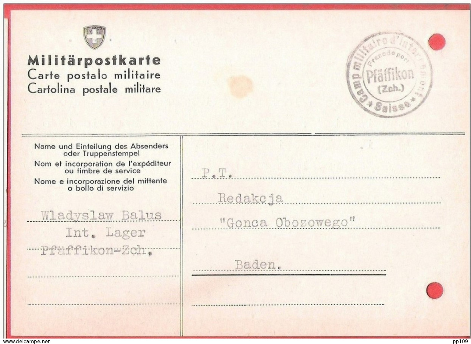 Militär Postkarte Interné Polonais SUISSE PFÄFFIKON Vers BADEN  Internement  Camp 1943 - Prisoner Camps