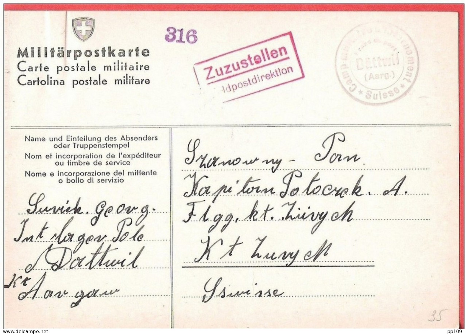 Militär Postkarte Interné Polonais SUISSE DÄTTWIL  Internement  Camp 1942  -rare - Campo De Prisioneros