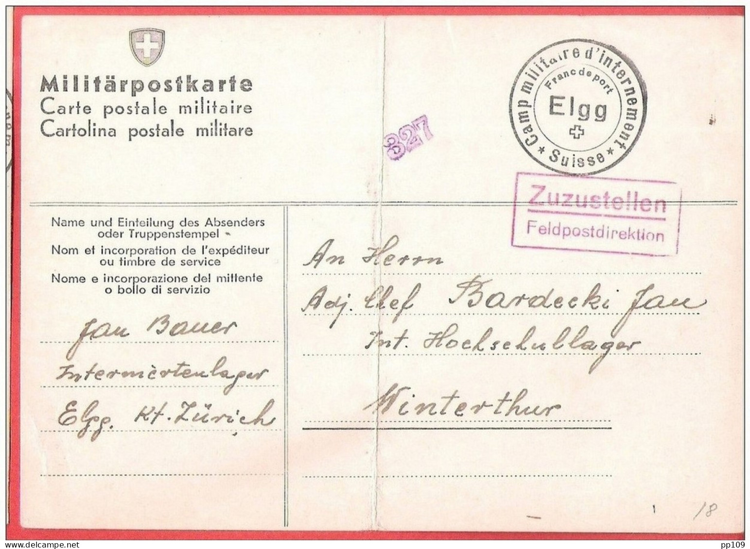 Militär Postkarte Interné Polonais SUISSE ELGG  Internement  Camp 25 III 1942 - Gefängnislager