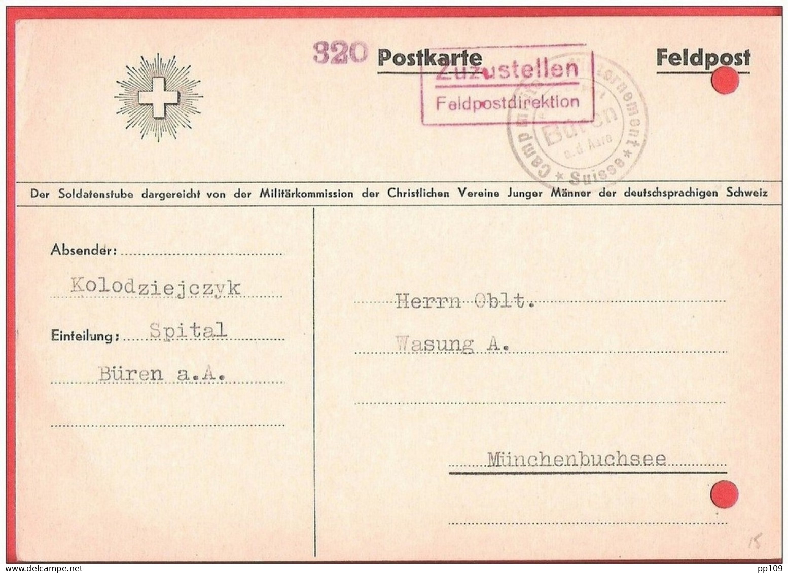 Militär Postkarte Interné Polonais SUISSE BUREN  Vers MUNCHENBUCHSEE  Internement  Camp 1942 - Campo Di Prigionieri