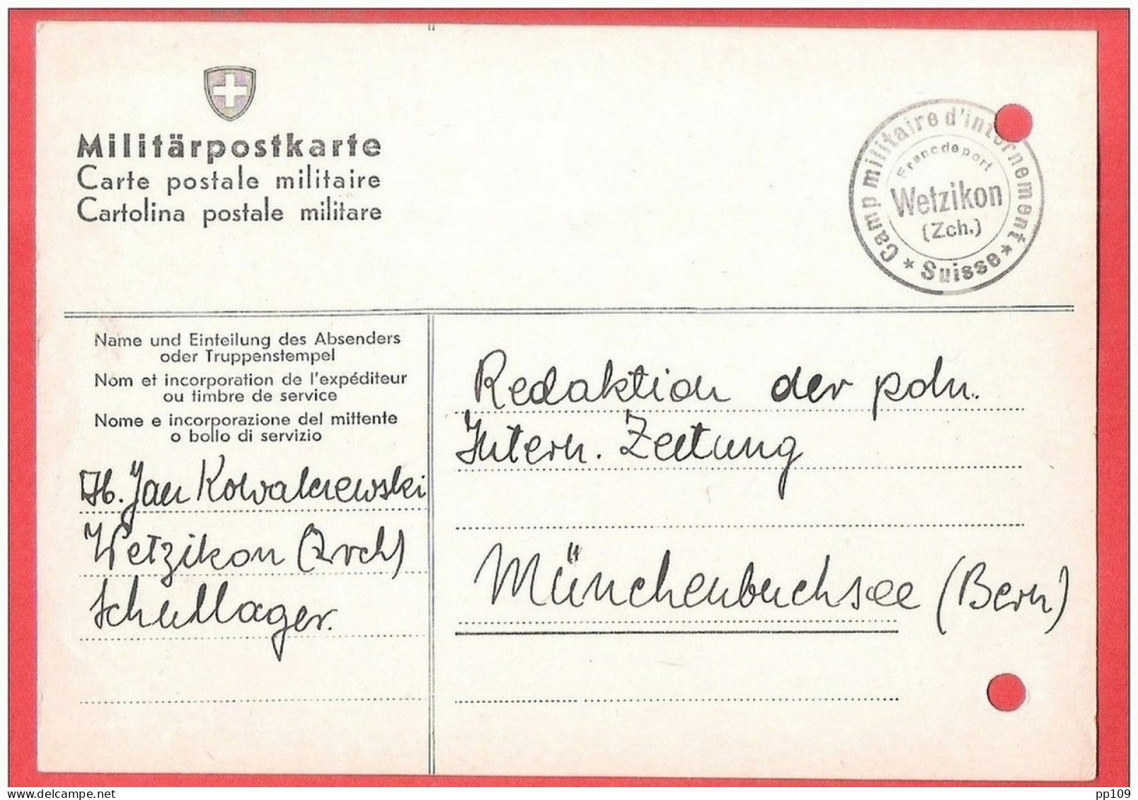 Militär Postkarte Interné Polonais SUISSE  Redaktion Polnishe  Intern. Zeitung MUNCHENBUCHSEE WETZIKON Internement  Camp - Prisoner Camps