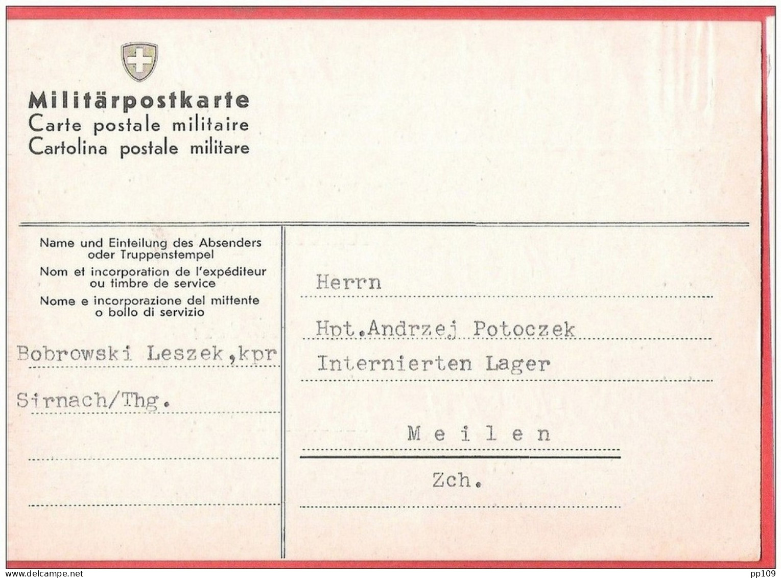 Militär Postkarte Interné Polonais SUISSE  SIRNACH Vers MEILEN  Internement  Camp 1945 - Gefängnislager