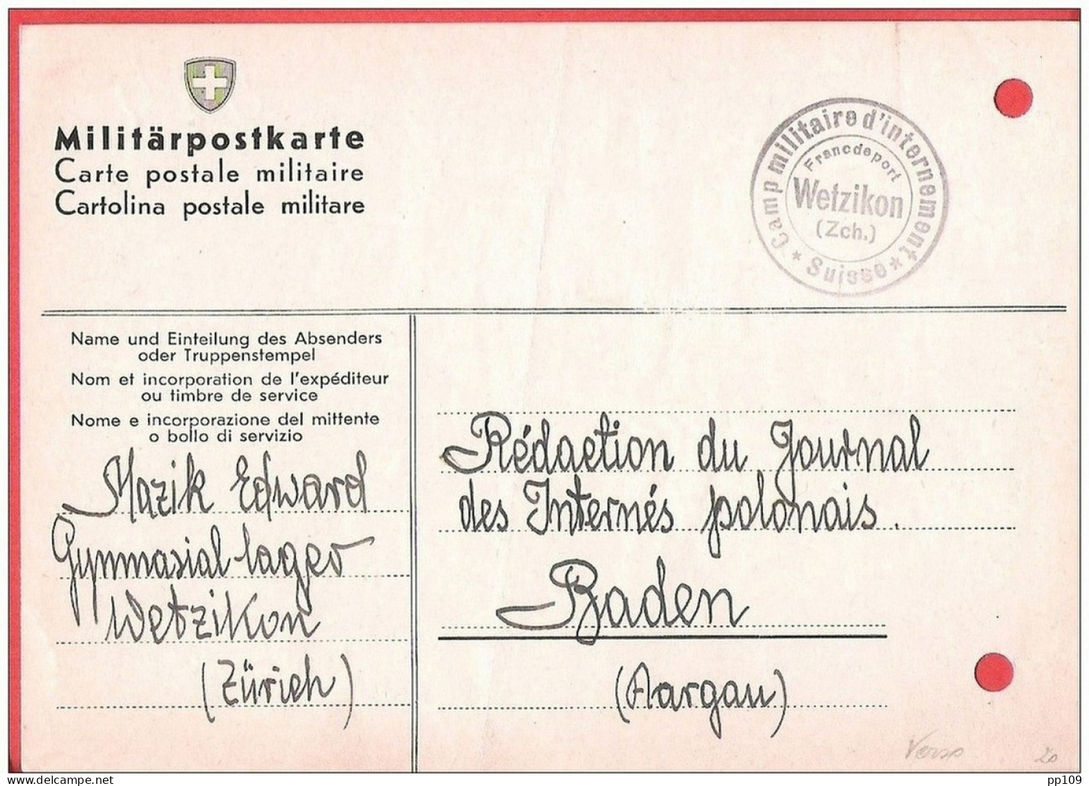 Militär Postkarte Interné Polonais GONIC OBOZOWY Journal Interné  WETZIKON Vers BADEN  Bureau Des Renseignements - Gevangenkampen