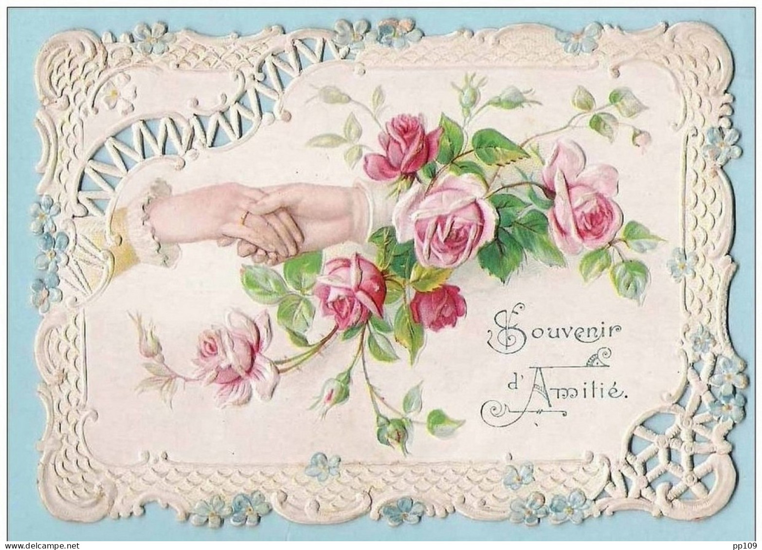 Image Pieuse - Canivet Ancien - Image En Relief :  " Souvenir D'Amitié "  Roses Main - Blumen