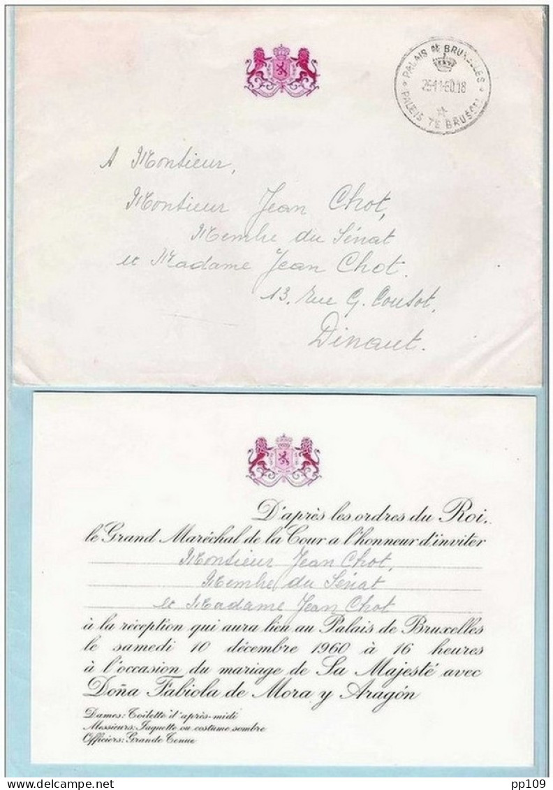 Enveloppe Franchise PALAIS DE BRUXELLES Obl 25 XI 1960 + Invitation  Réception Du Mariage Reine FABIOLA Et Roi BAUDOUIN - Franchise