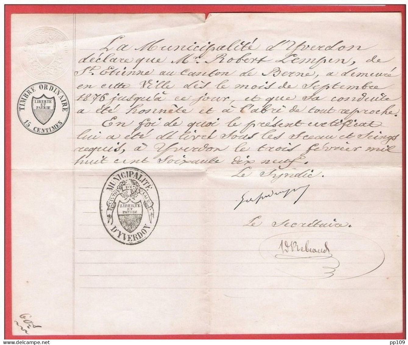 Certificat De Résidence TIMBRE ORDINAIRE 15 Centimes  CANTON De VAUD Municipalité D'YVERDON 3 II 1879 - 1843-1852 Kantonalmarken Und Bundesmarken