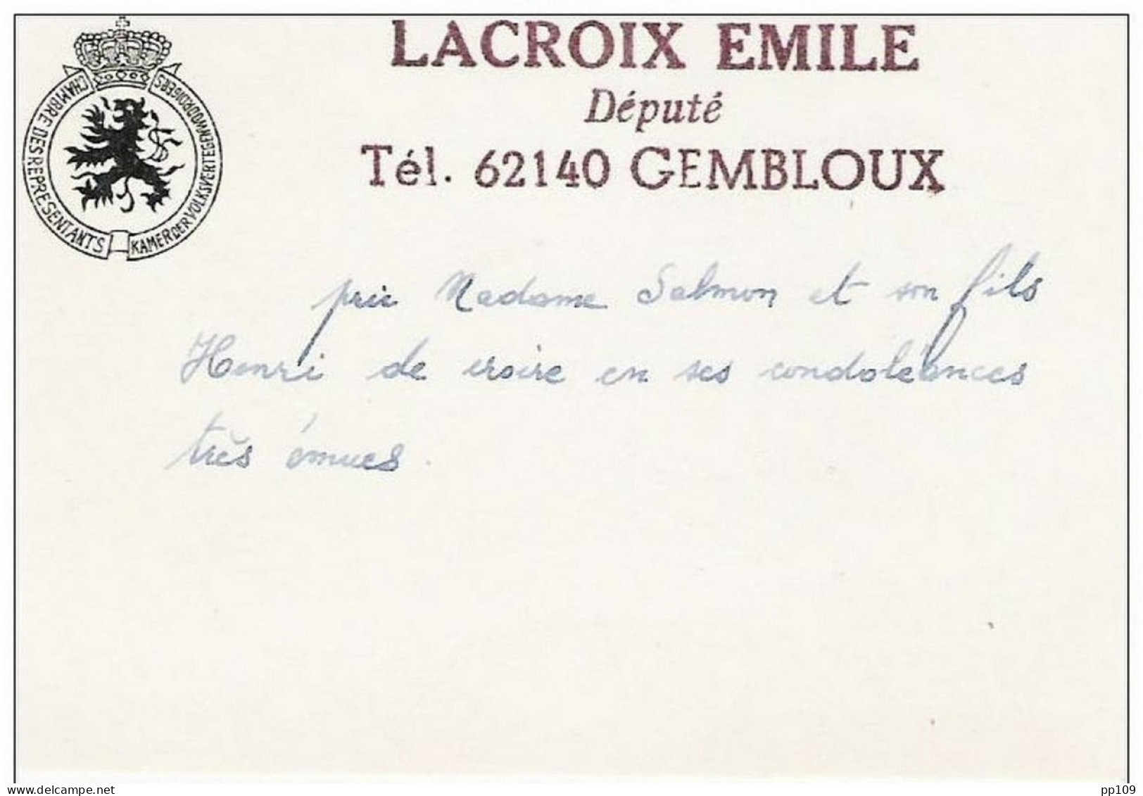 Carte De Visite Anciennne : Emile Lacroix - Député -  à GEMBLOUX - Cartes De Visite