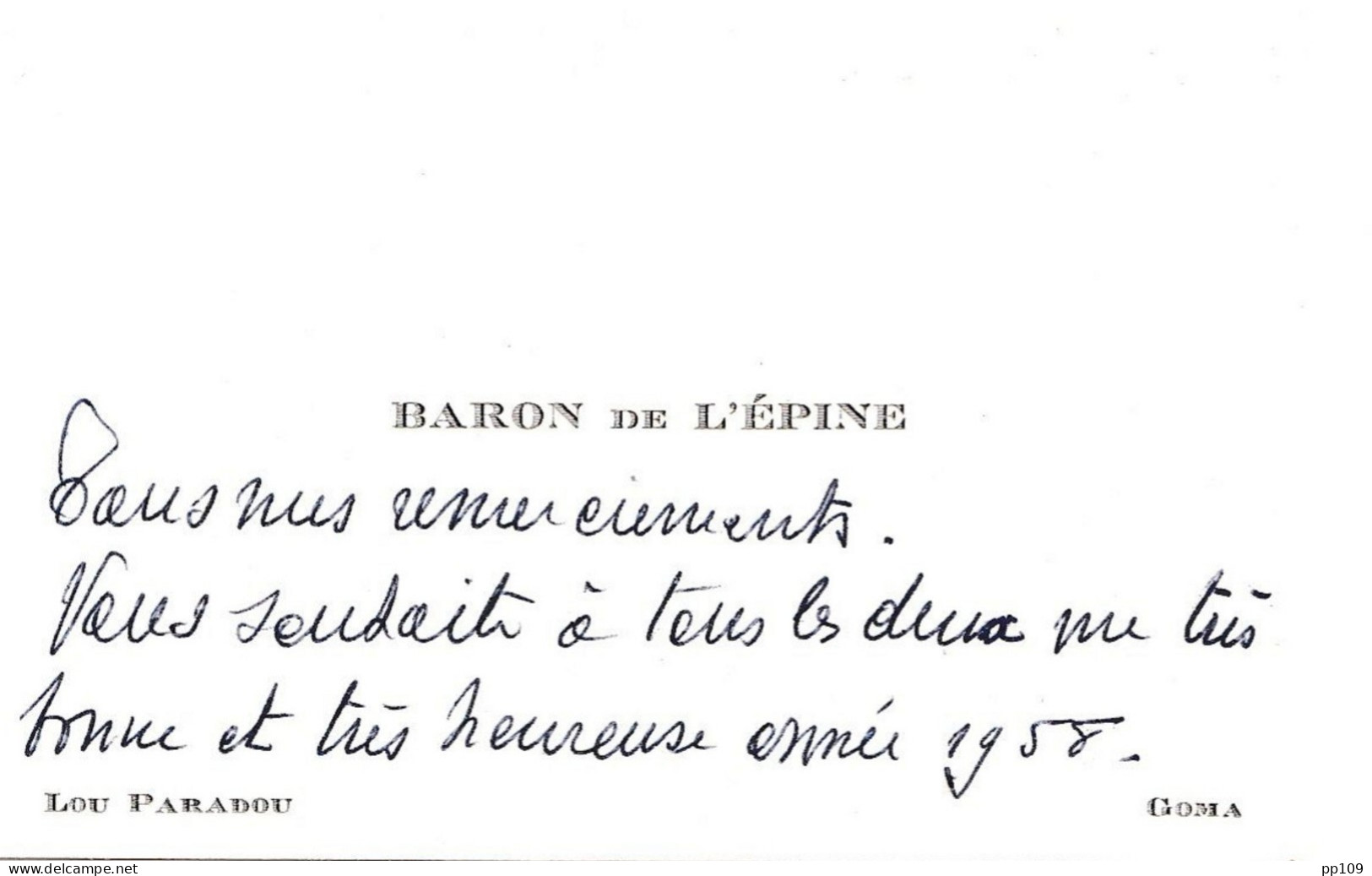Carte De Visite Ancienne CONGO BELGE Goma LOU PARADOU ! Baron De L'EPINE - Cartes De Visite