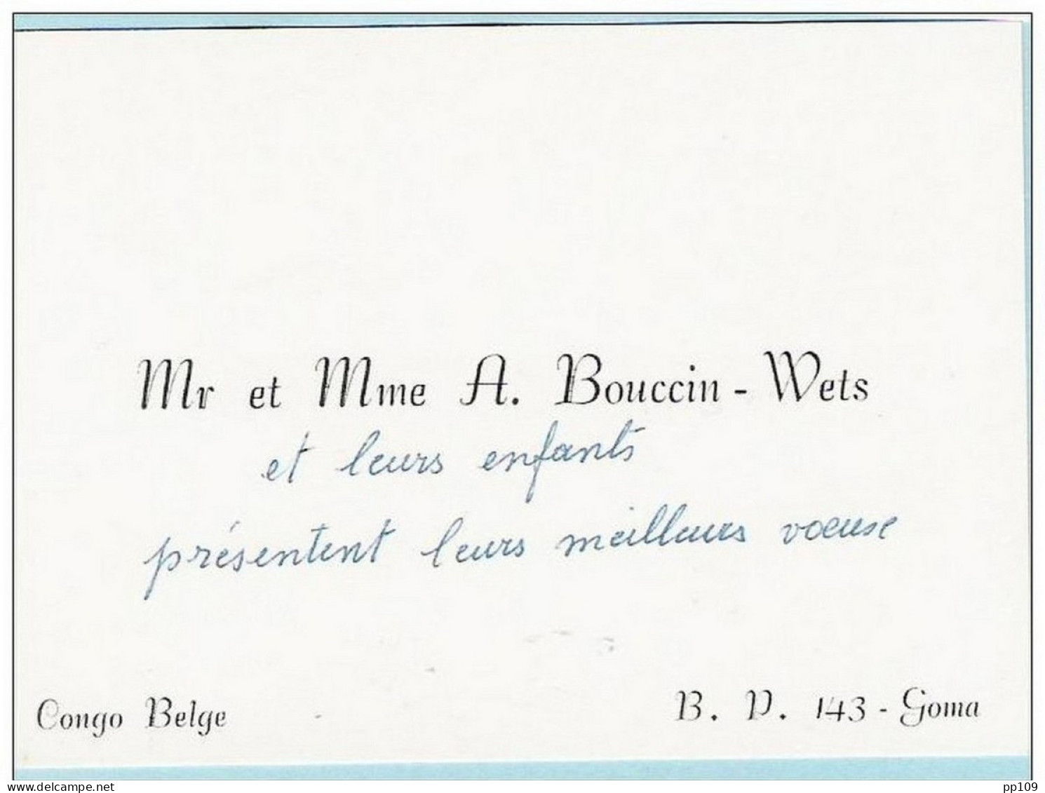 Carte De Visite Ancienne : Mr Et Mme A. BOUCCIN - WETS Boîte Postale 143 à GOMA -  Congo Belge - Cartes De Visite