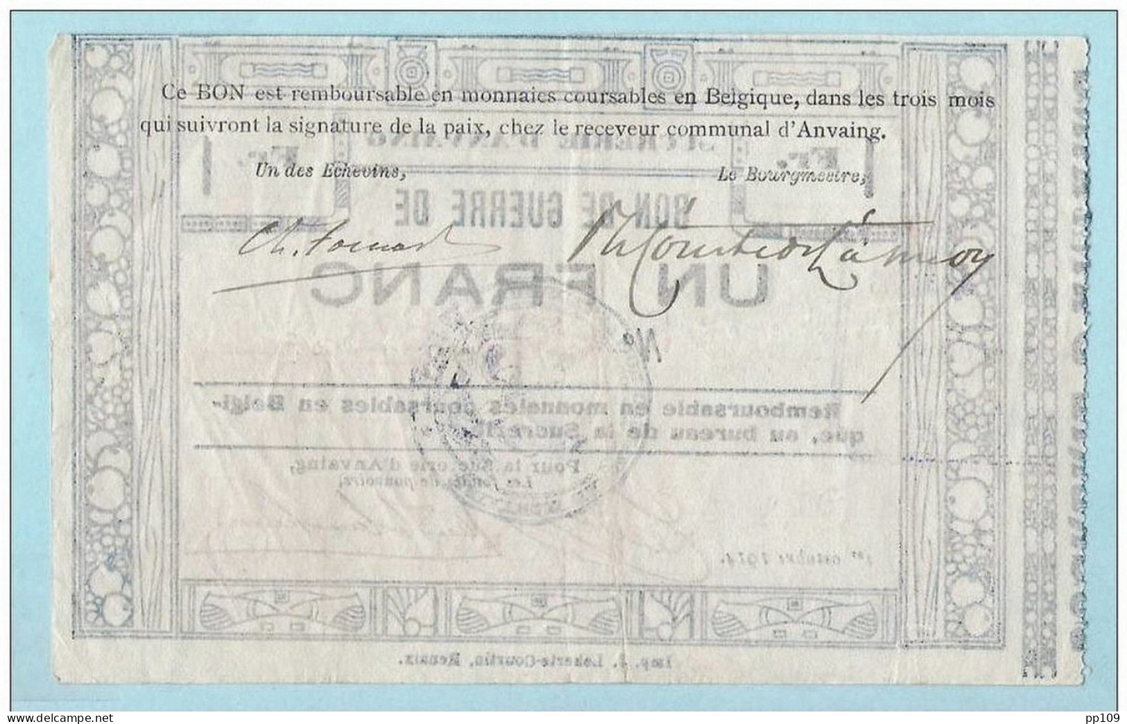 Billet De Nécessité / Bon De Guerre  UN FRANC De La Sucrerie D' ANVAING 1 Octobre 1914 Remboursable Au Bureau Cfr Verso - Otros & Sin Clasificación