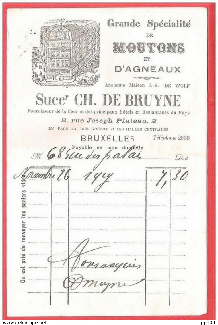 Ancienne Petite Facture  Ill.  Boucherie Mouton Agneau DE BRUYNE 2 Rue Joseph Plateau  BRUXELLES - 1800 – 1899