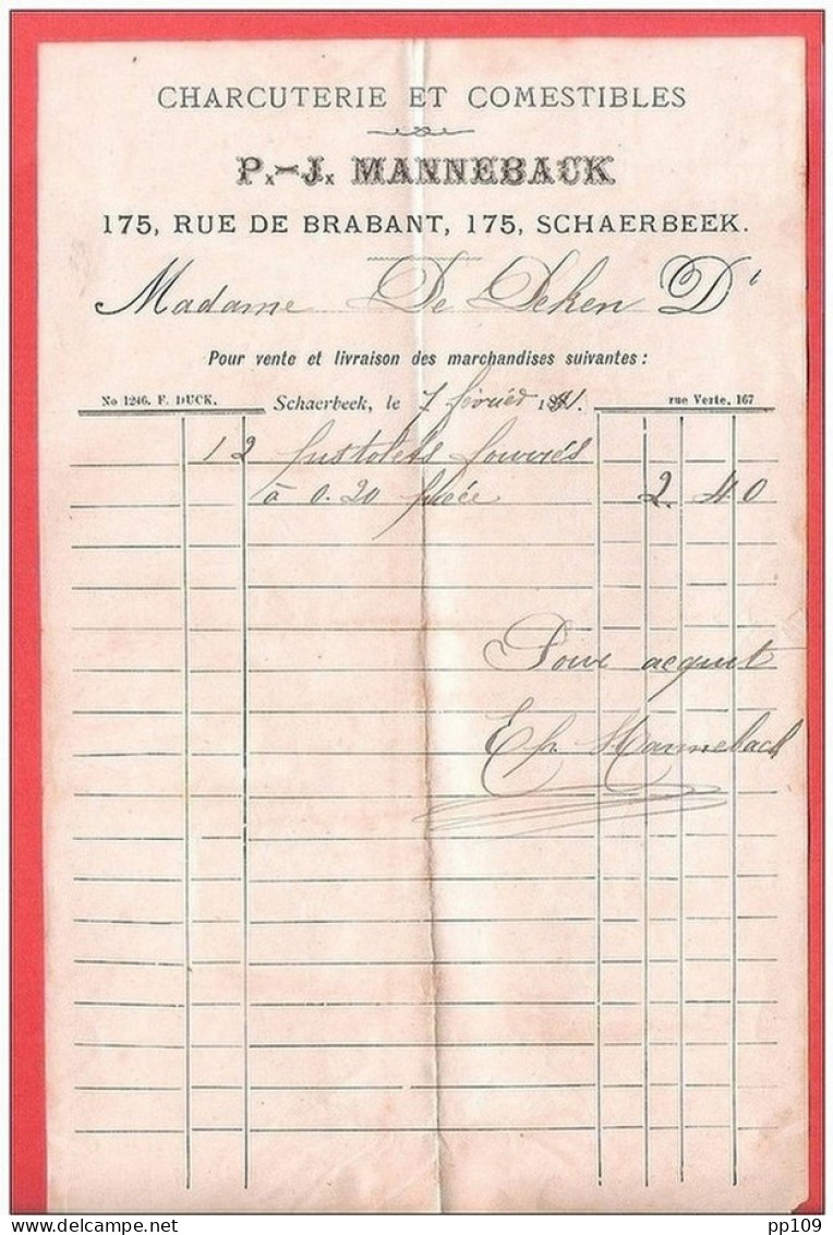 Ancienne Petite Facture  SCHAERBEEK Charcuterie MANNEBACK Rue De Brabant, 175 En 1891 - Alimentos