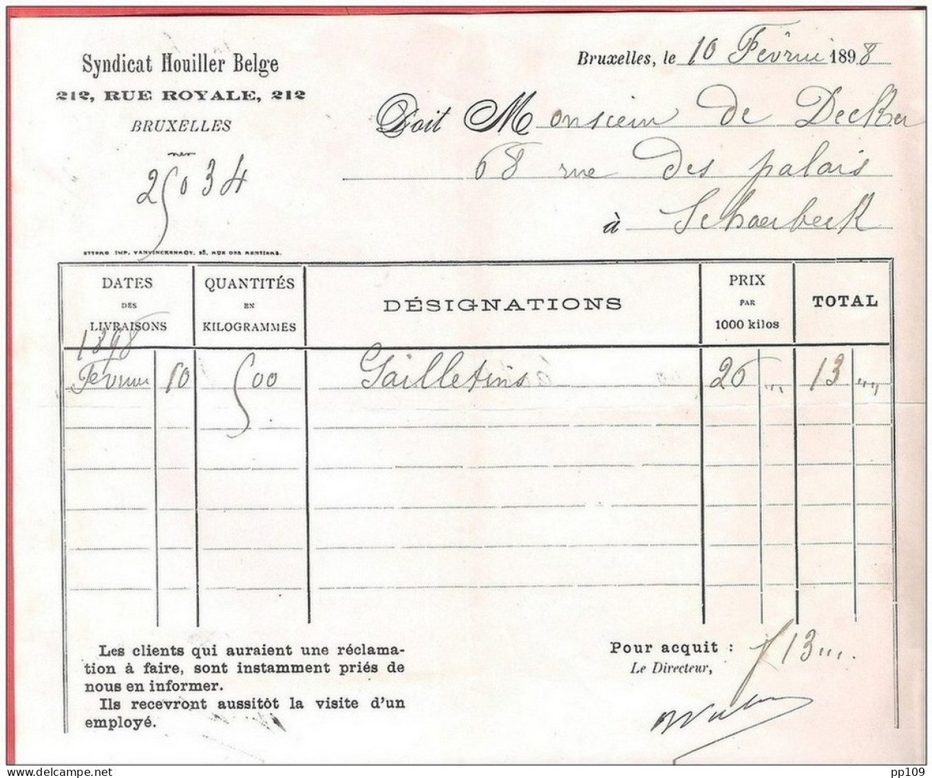 Ancienne Facturesyndicat Houiller Belge 212 Rue Royale  à SCHAERBEEK BRUXELLES  Le 10 II 1898 - 1800 – 1899