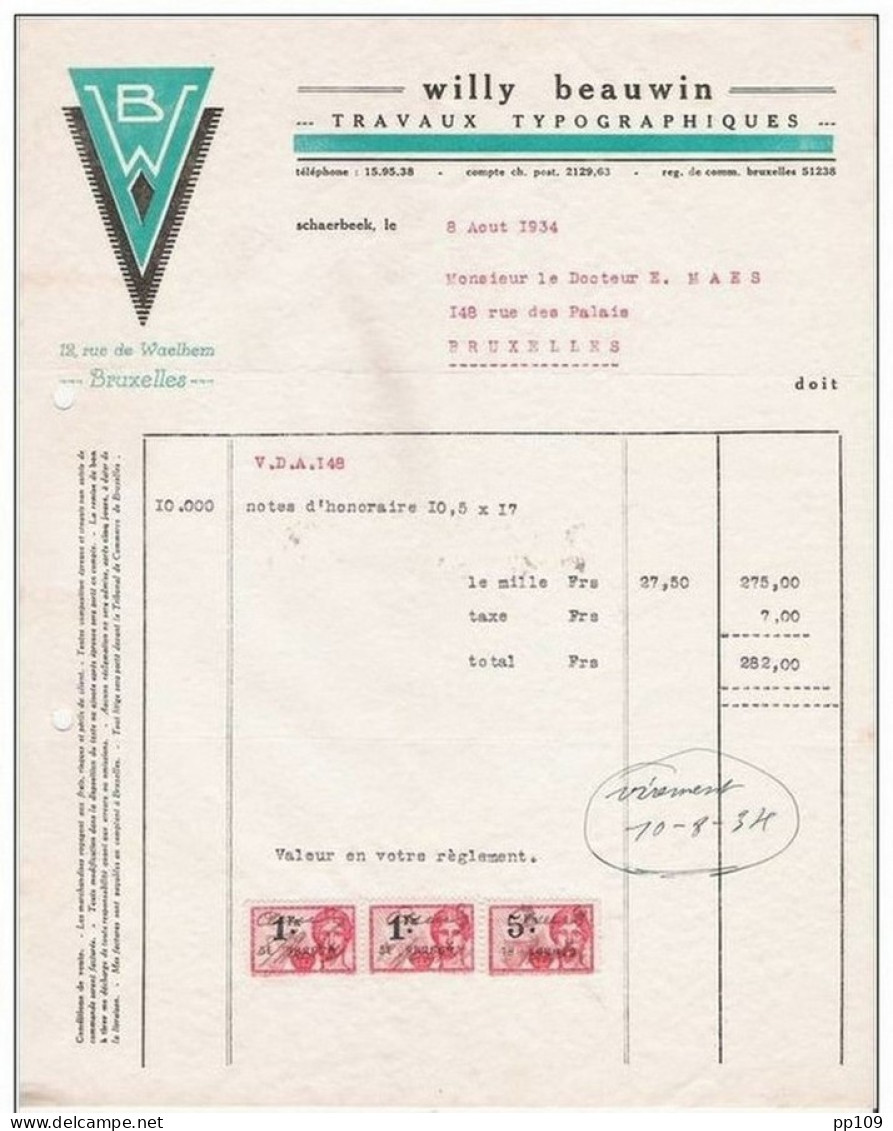 Ancienne Facture Oude Factuur SCHAERBEEK Rue De Waelhem, 12 Imprimerie Travaux Typo Willy BEAUWIN 1934 - Imprimerie & Papeterie