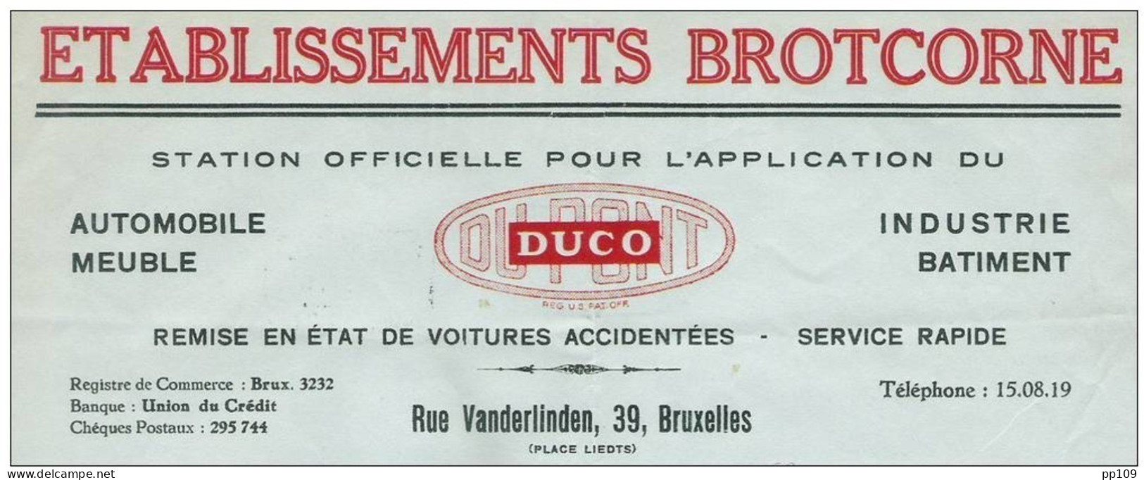 Ancienne Facture Oude Factuur SCHAERBEEK Rue Vanderlinden 39 établissements Brotcorne  Dupont DUCO Automobile - Auto's