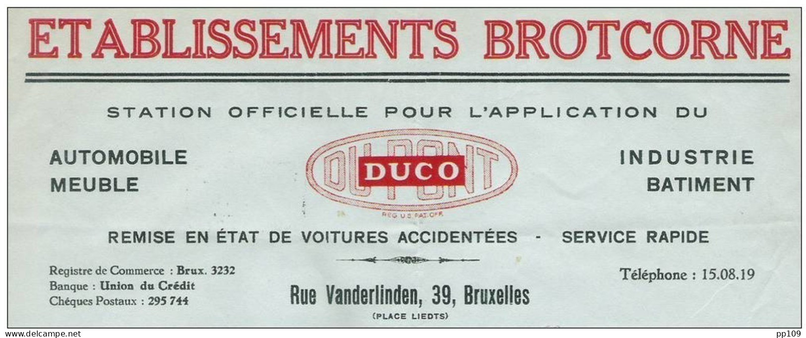 Ancienne Facture Oude Factuur SCHAERBEEK Rue Vanderlinden 39 établissements Brotcorne  Dupont DUCO Automobile - Automobilismo