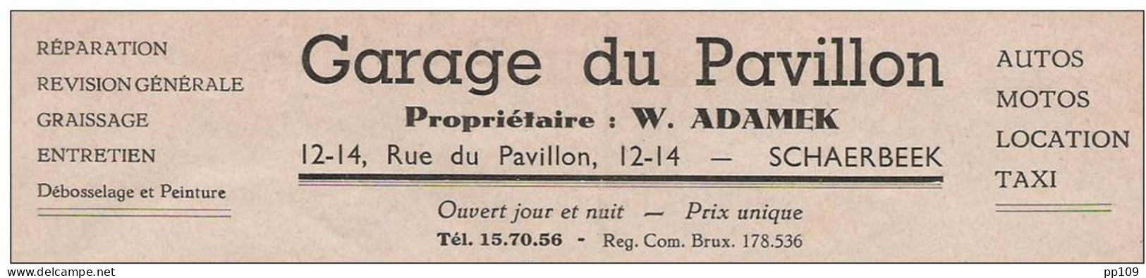 Ancienne Facture Oude Factuur SCHAERBEEK Garage Du Pavillon Adamek Rue Du Pavillon, 12-14 Auto Moto Taxi - Automobile