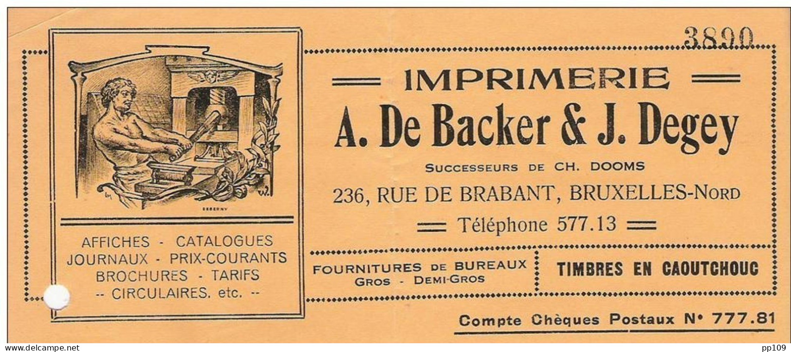 Ancienne Facture Oude Factuur SCHAERBEEK 236 Rue De Brabant Imprimerie De BACKER &amp; DEGEY - Ill. Presse !! - Imprimerie & Papeterie