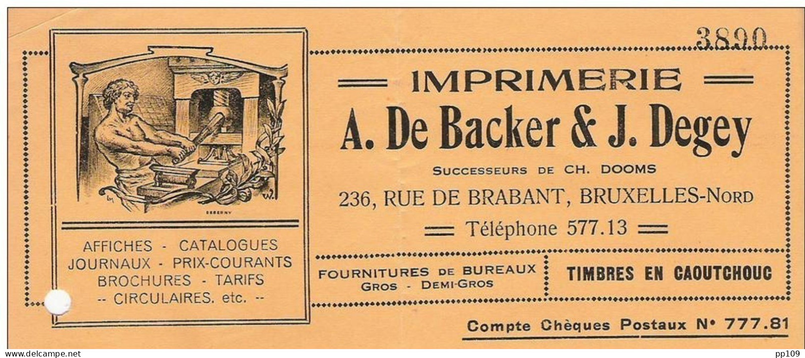 Ancienne Facture Oude Factuur SCHAERBEEK 236 Rue De Brabant Imprimerie De BACKER &amp; DEGEY - Ill. Presse !! - Drukkerij & Papieren