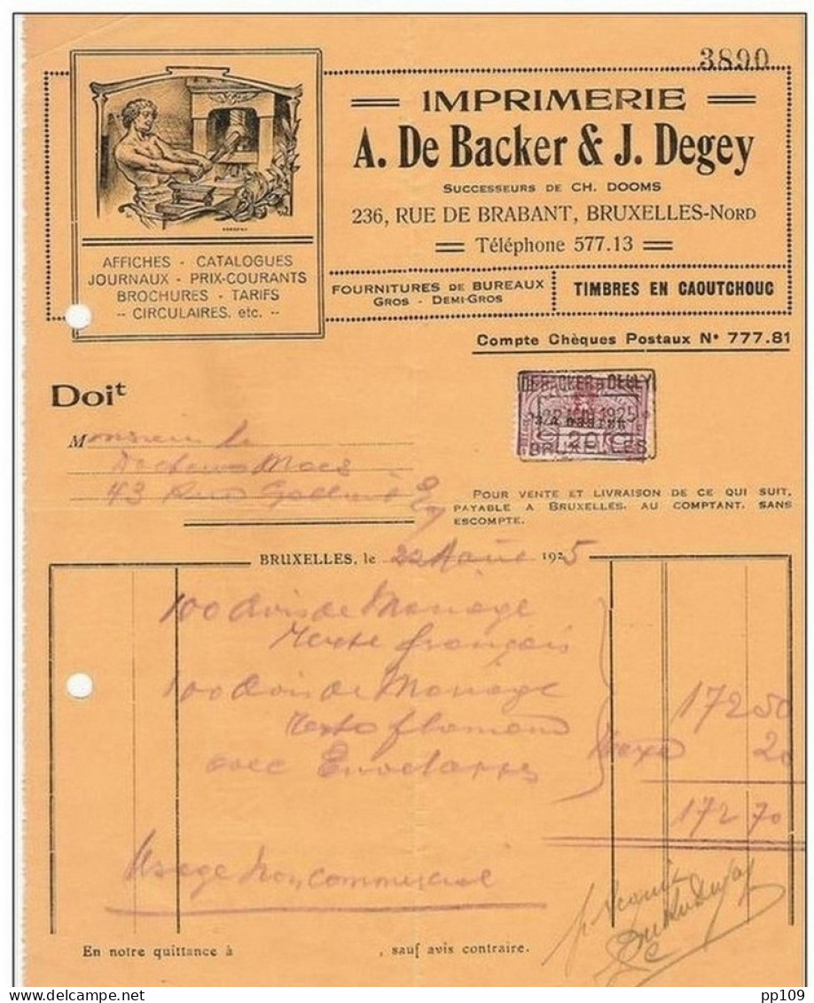 Ancienne Facture Oude Factuur SCHAERBEEK 236 Rue De Brabant Imprimerie De BACKER &amp; DEGEY - Ill. Presse !! - Drukkerij & Papieren