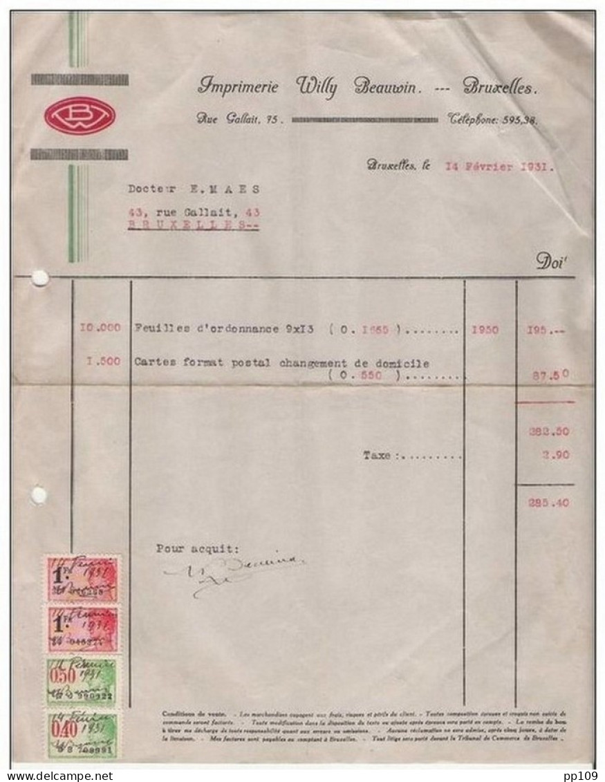 Ancienne Facture Oude Factuur SCHAERBEEK 75, Rue Gallait Imprimerie Travaux Typo Willy BEAUWIN 1931 - Printing & Stationeries
