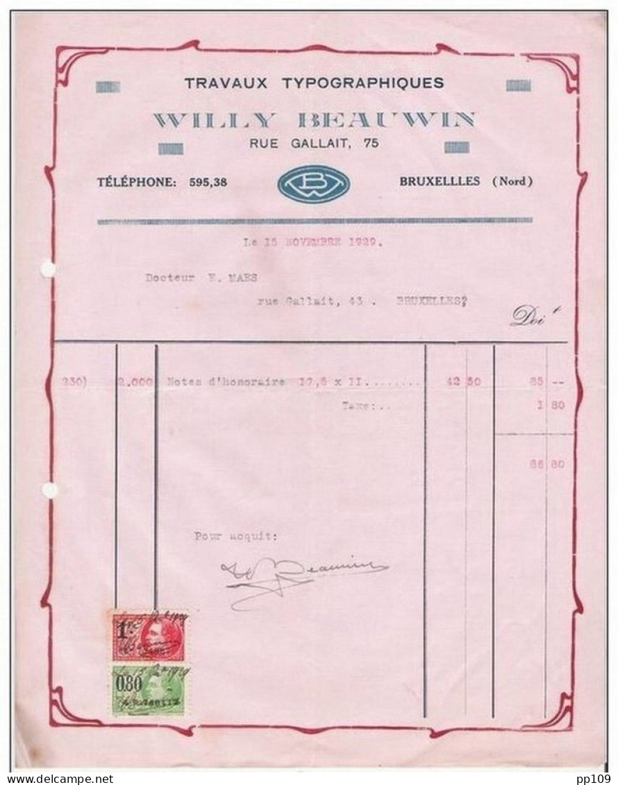 Ancienne Facture Oude Factuur SCHAERBEEK 75, Rue Gallait Imprimerie Travaux Typo Willy BEAUWIN 1929 - Drukkerij & Papieren