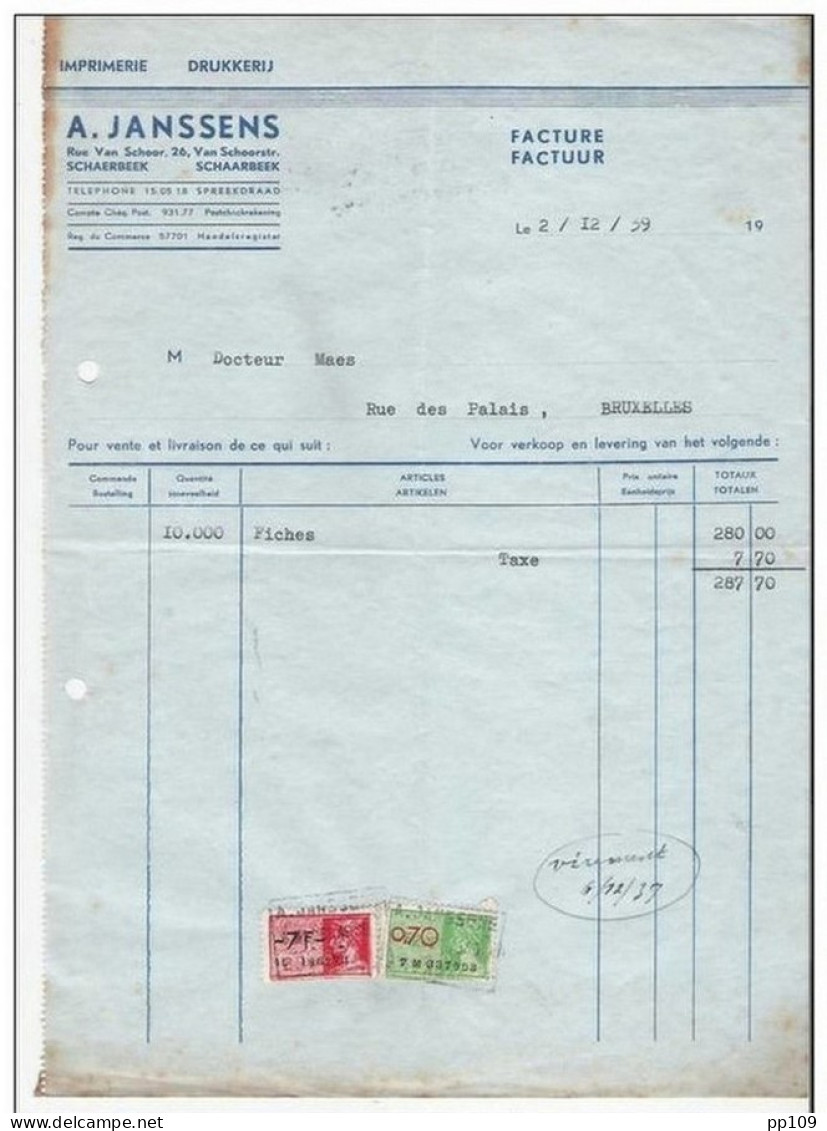 Ancienne Facture Oude Factuur  SCHAERBEEK Rue Van Schoor, 26 A.JANSSENS Imprimerie Drukkerij - Imprimerie & Papeterie